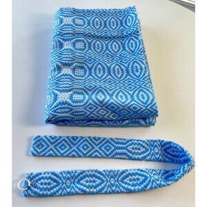 Vintage 60s curtain, white, blue optic illusion print, thick, panel and tieback